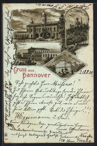 Lithographie Hannover, Technische Hochschule, Marienburg, Theater, Blumenhalle in Herrenhausen