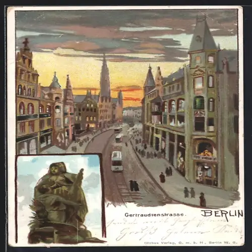 Lithographie Berlin, Gertraudenstrasse, Denkmal, Strassenbahnen