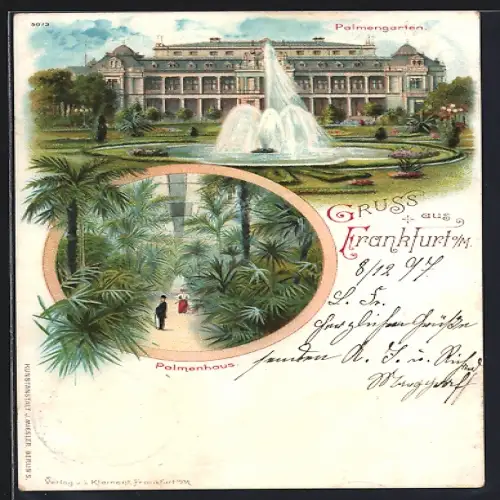 Lithographie Frankfurt-Westend, Palmengarten, Palmenhaus, Springbrunnen