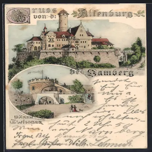 Lithographie Altenburg bei Bamberg, Burg und Bärenzwinger