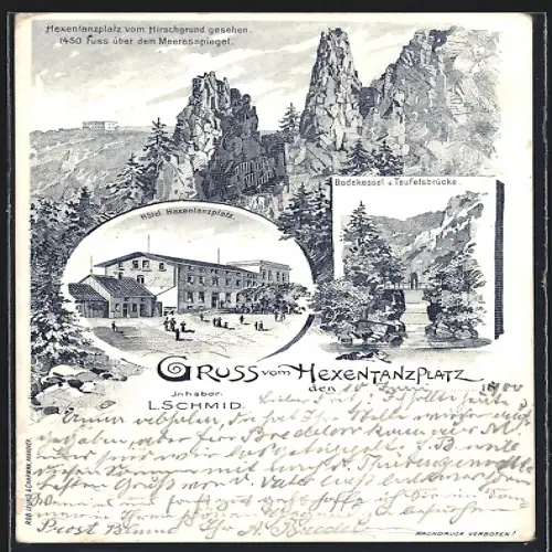 Lithographie Hexentanzplatz, Hotel Hexentanzplatz, Bodekessel, Teufelsbrücke