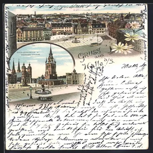 Lithographie Halle a. S., Rathaus, Marktkirche, Roter Turm