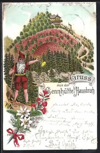 Lithographie Hamburg-Hausbruch, Sennhütte mit Rübezahl-Figur