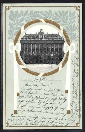 Präge-AK Leipzig, Grassimuseum, Passepartout mit Eichenlaub