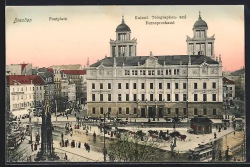 AK Dresden, Kaiserliches Telegraphen- und Fernsprechamt am Postplatz mit Strassenbahn