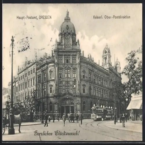 AK Dresden, Haupt-Postamt und Kaiserl. Ober-Postdirektion mit Strassenbahn am Postplatz
