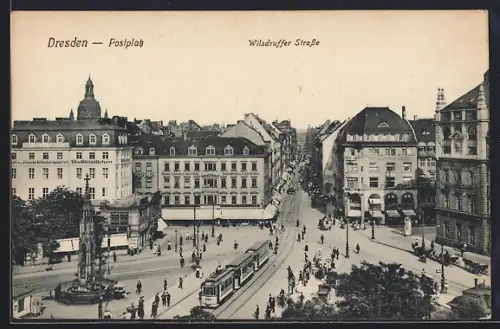 AK Dresden, Postplatz, Wilsdruffer Strasse mit Strassenbahn, Societätsbrauerei Waldschlösschen