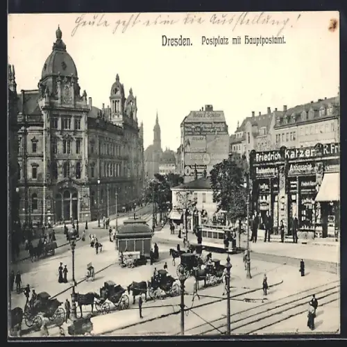 AK Dresden, Strasse am Postplatz mit Hauptpostamt, Strassenbahn