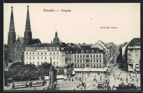 AK Dresden, Postplatz mit Wilsdruffer Strasse, Strassenbahn