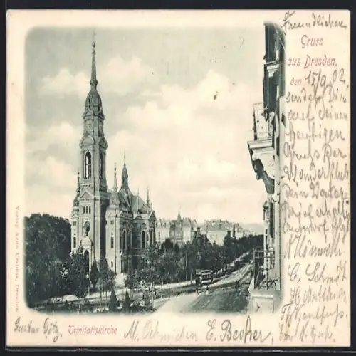 AK Dresden, Trinitatiskirche mit Strassenbahn