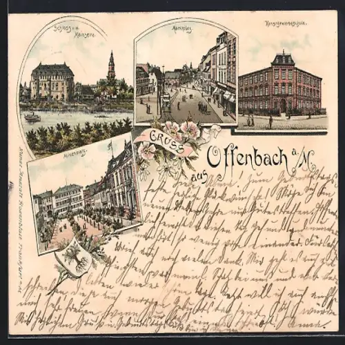 Lithographie Offenbach / Main, Schloss v. d. Mainseite, Marktplatz, Kunstgewerbeschule