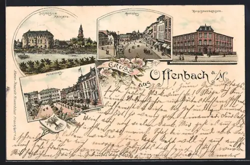 Lithographie Offenbach / Main, Schloss v. d. Mainseite, Marktplatz, Kunstgewerbeschule