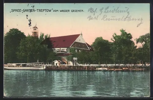 AK Treptow, Gasthaus Spree-Garten-Treptow vom Wasser gesehen