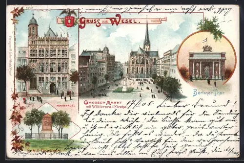 Lithographie Wesel / Rhein, Grosser Markt mit Willibrordi-Kirche, Rathaus