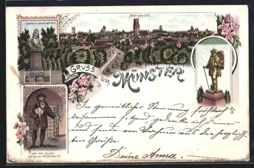 Lithographie Münster / Westfalen, Totalansicht, Jan van Layden König der Wiedertäufer, Denkmal A. v. Droste Hülshoff