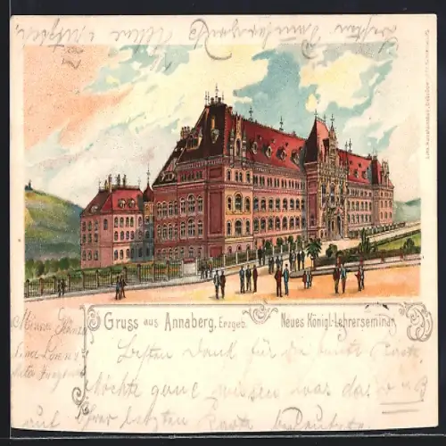 Lithographie Annaberg / Erzgebirge, Neues Königl. Lehrerseminar