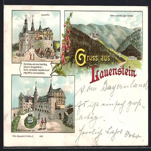 Lithographie Lauenstein / Sachsen, Ansicht des Schlosses, Schlosstor & -hof