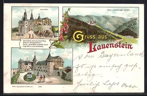 Lithographie Lauenstein / Sachsen, Ansicht des Schlosses, Schlosstor & -hof