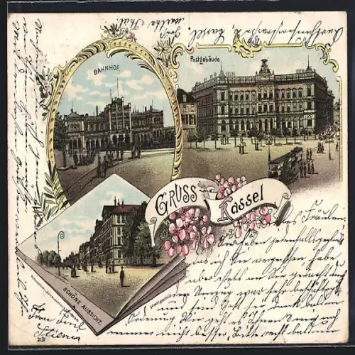 Lithographie Kassel, Strasse Schöne Aussicht, Postgebäude, Bahnhof