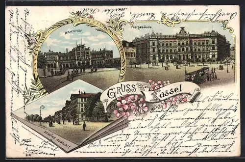 Lithographie Kassel, Strasse Schöne Aussicht, Postgebäude, Bahnhof