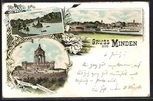 Lithographie Minden / Weser, Teilansicht, Denkmal Kaiser Wilhelm I., Schwanenteich