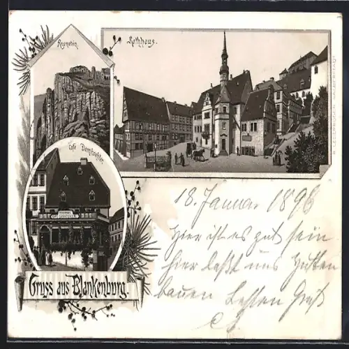 Lithographie Blankenburg / Harz, Cafe Damkoehler, Rathaus, Regenstein