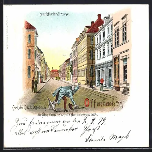 Lithographie Offenbach / Main, Frankfurter Strasse, Fussgänger mit Hund