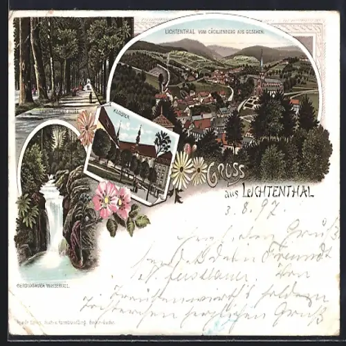 Lithographie Lichtenthal / Baden-Baden, Kloster, Allee, Geroldsauer Wasserfall