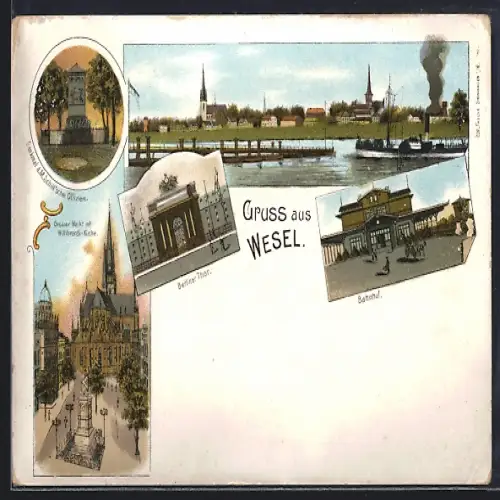 Lithographie Wesel / Rhein, Bahnhof, Berliner Thor, Denkmal d. M. Schillschen Offiziere