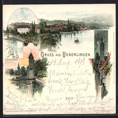 Lithographie Ueberlingen / Bodensee, Gesamtansicht, Münster, Pavillon am Badhotel