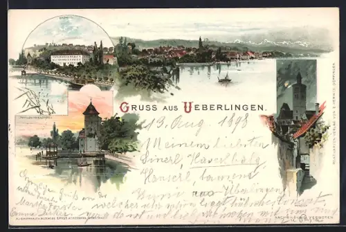 Lithographie Ueberlingen / Bodensee, Gesamtansicht, Münster, Pavillon am Badhotel