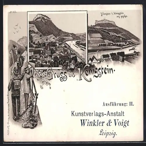 Lithographie Königstein / Elbe, Blick zum Lilienstein, Teilansicht mit Kirche