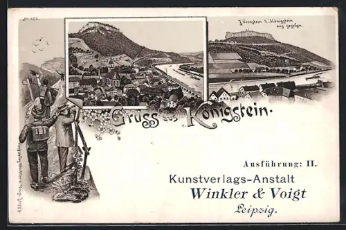 Lithographie Königstein / Elbe, Blick zum Lilienstein, Teilansicht mit Kirche