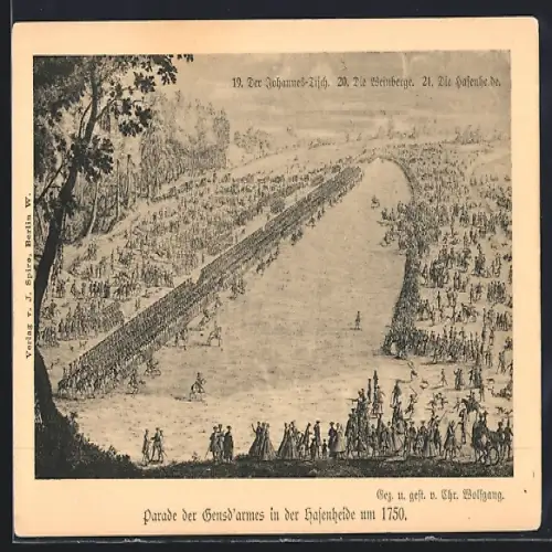 Künstler-AK Berlin, Parade der Gensd`armes in der Hasenheide, Johannes-Tisch, Weinberge, Hasenheide