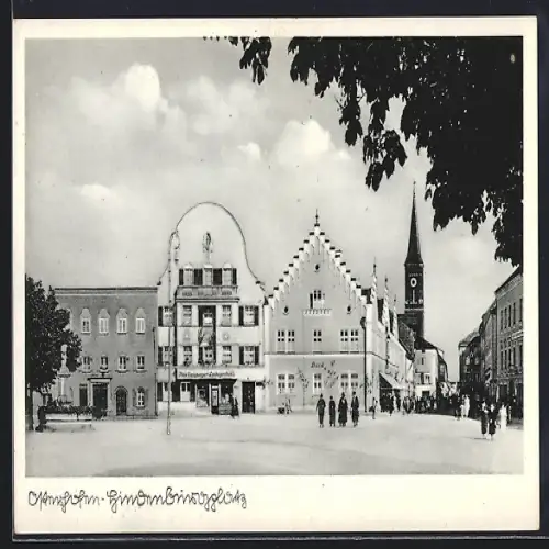 AK Osterhofen / Donau, Hindenburgplatz mit Geschäft von Max Zizlsperger und Bank
