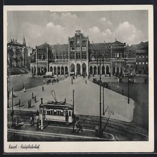AK Kassel, Der Hauptbahnhof mit dem Vorplatz und der Strassenbahn