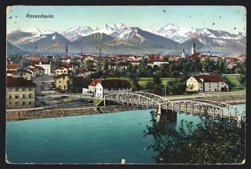 AK Rosenheim / Bayern, Flusspartie mit Brücke und Bergpanorama