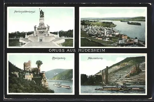 AK Rüdesheim / Rhein, Nationaldenkmal, Rheinstein und Mäuseturm