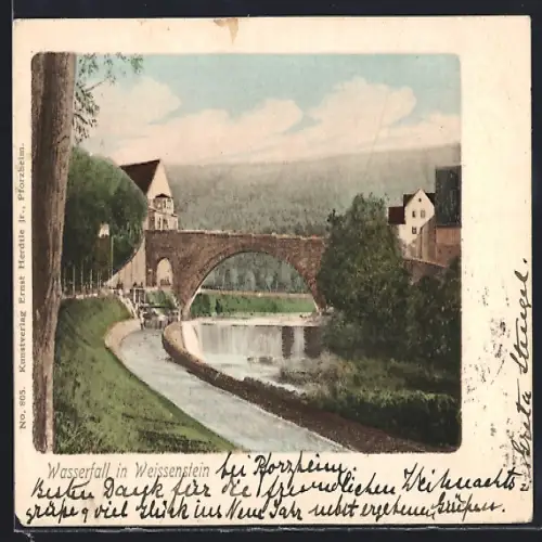 AK Weissenstein / Pforzheim, Flusspartie mit Wasserfall