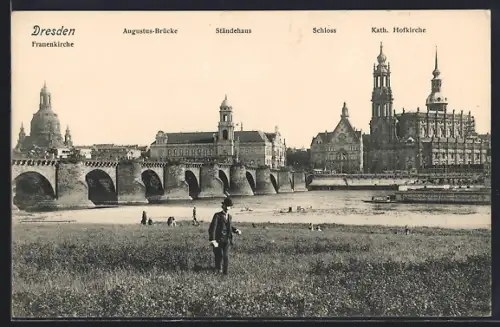 AK Dresden, Frauenkirche, Augustus-Brücke, Ständehaus, Schloss, Kath. Hofkirche
