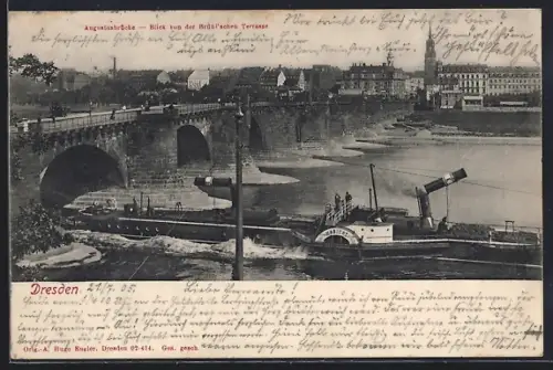 AK Dresden, Augustusbrücke, Blick von der Brühlschen Terrasse, Dampfer Habicht