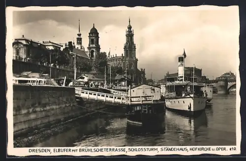 AK Dresden, Elbufer mit Brühlscher Terrasse, Schlossturm, Ständehaus, Hofkirche, Oper