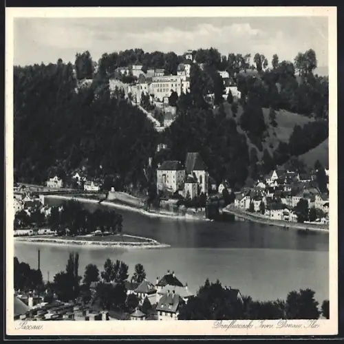 AK Passau, Blick auf das Dreiflusseeck Inn Donau Ilz