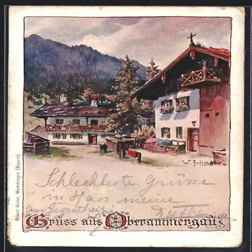 Künstler-AK Oberammergau, Ortsansicht mit Alpenlandschaft