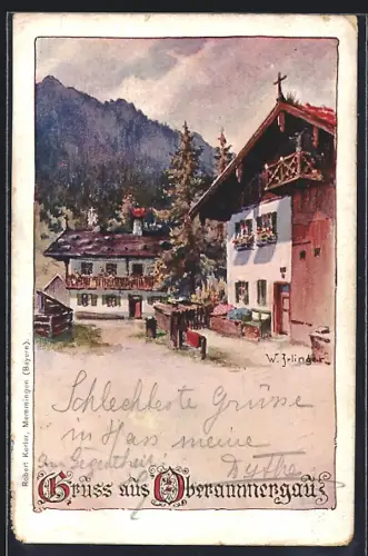 Künstler-AK Oberammergau, Ortsansicht mit Alpenlandschaft