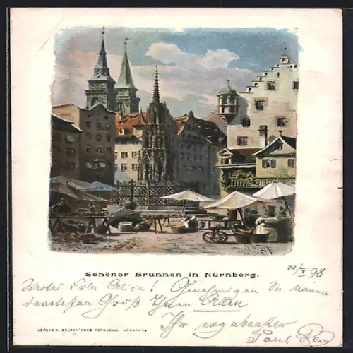 Lithographie Nürnberg, Schöner Brunnen am Markt