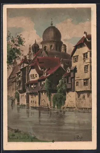 Künstler-AK Nürnberg, Insel Schütt mit Synagoge