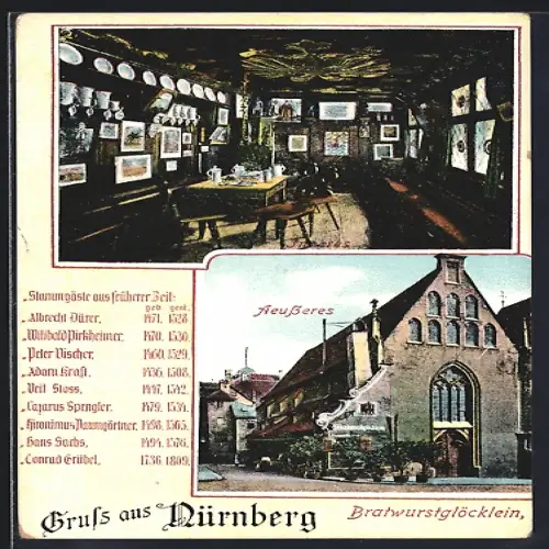 AK Nürnberg, Gasthaus Bratwurstglöcklein, Innen- u. Aussenansicht