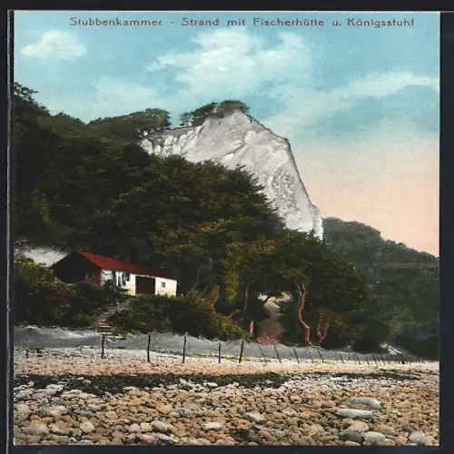 AK Stubbenkammer, Strand mit Fischerhütte und Königsstuhl