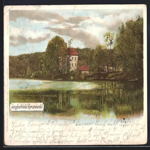 Lithographie Grunewald, Uferpartie am Jagdschloss